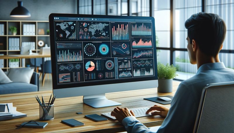 An analyst sitting at a desk reviews multiple data analytics charts and graphs displayed on a large computer monitor in a modern office environment, highlighting data analysis and business intelligence.