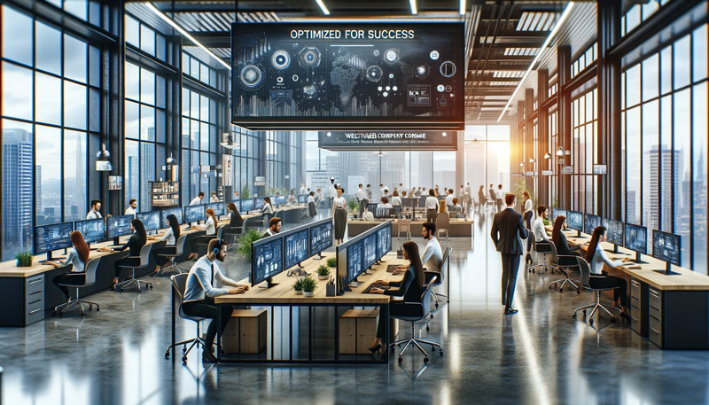 A bustling modern office filled with financial analysts working on multiple computer screens, showcasing a high-tech workspace optimized for success and data analysis.