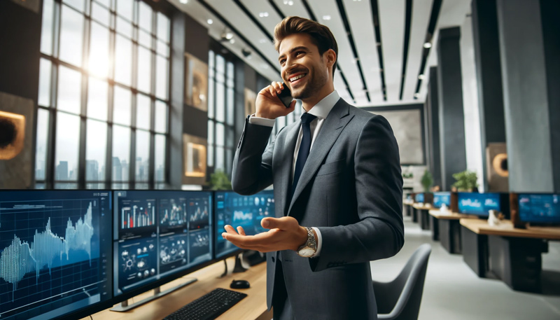  A confident businessman in a modern office with large windows, engaged in a phone conversation about market trends, surrounded by multiple computer screens displaying financial data.