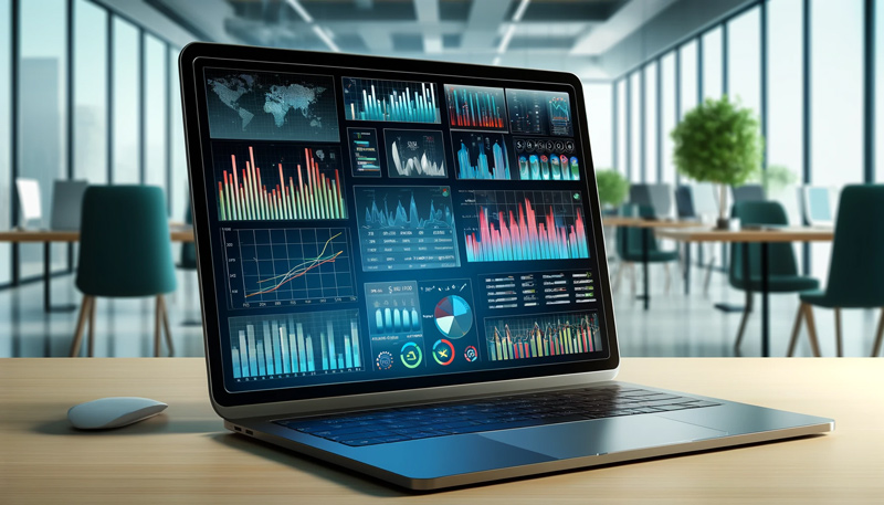 A laptop displaying various data visualization charts and graphs sits on a desk in a modern office setting, representing data analysis and business intelligence in a contemporary workplace.