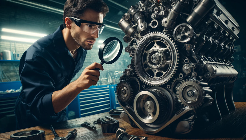 A male engineer wearing safety goggles inspects a complex engine using a magnifying glass in a workshop, highlighting detailed engine analysis and precision engineering.