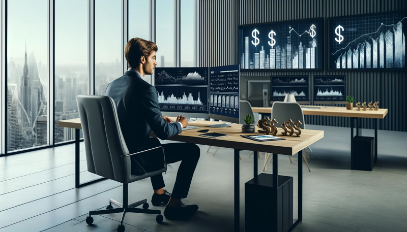 A financial analyst sits at a desk in a modern office with large windows, monitoring market trends and financial data on multiple computer screens.