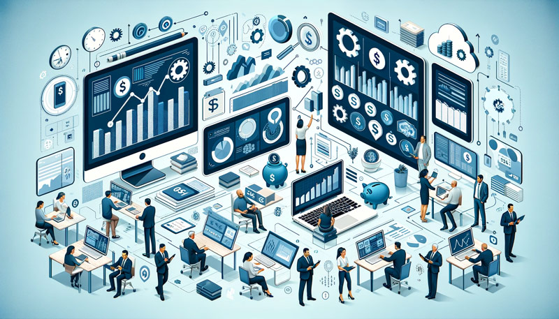 Team-of-professionals-using-computers-to-analyze-financial-data-with-SaaS-icons-and-charts-representing-business-analytics