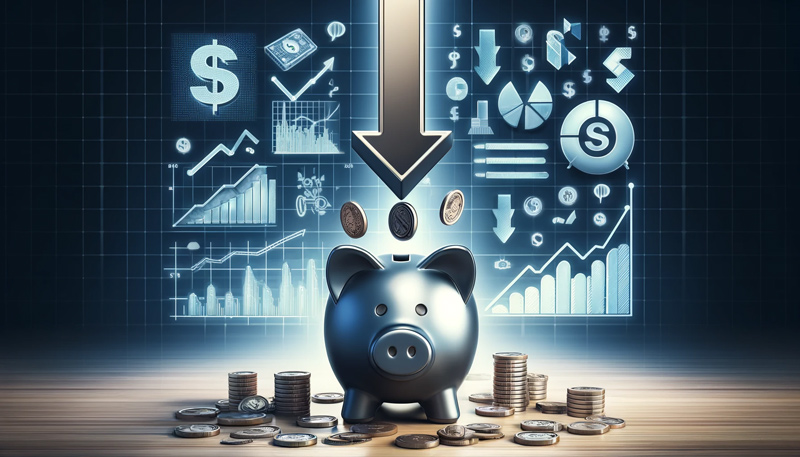 A blue piggy bank with coins being dropped into it, surrounded by financial icons and graphs, illustrating concepts of financial growth, investment, and savings.