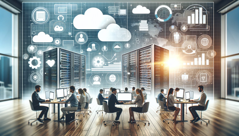 Professionals-collaborating-in-a-modern-office-setting-surrounded-by-cloud-computing-icons-and-two-large-data-servers