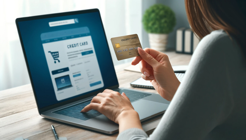 Person-holding-a-credit-card-and-using-a-laptop-for-online-shopping-with-a-shopping-cart-icon-on-the-screen