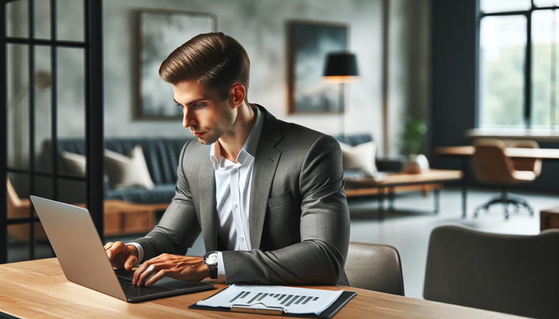 A professional man in a gray suit using a laptop at a sleek wooden desk in an elegant office environment. The setting includes stylish decor, modern furniture, and a clipboard with documents on the desk.