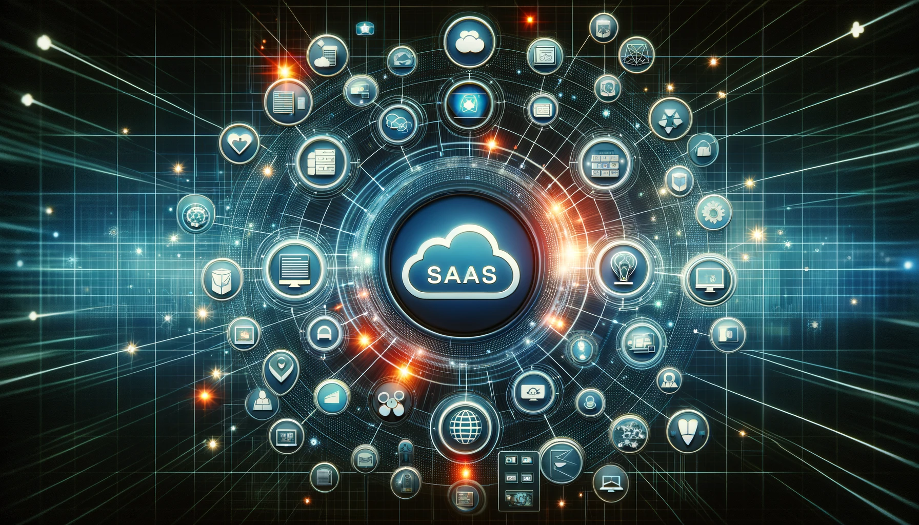 A graphical representation of SaaS cloud technology with interconnected digital icons surrounding a central cloud symbol, illustrating the various applications and services integrated within the SaaS framework.