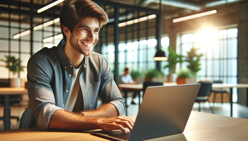 A smiling man in a casual shirt working on a laptop in a bright modern office. The setting includes stylish decor, large windows letting in sunlight, and a few other people working in the background.