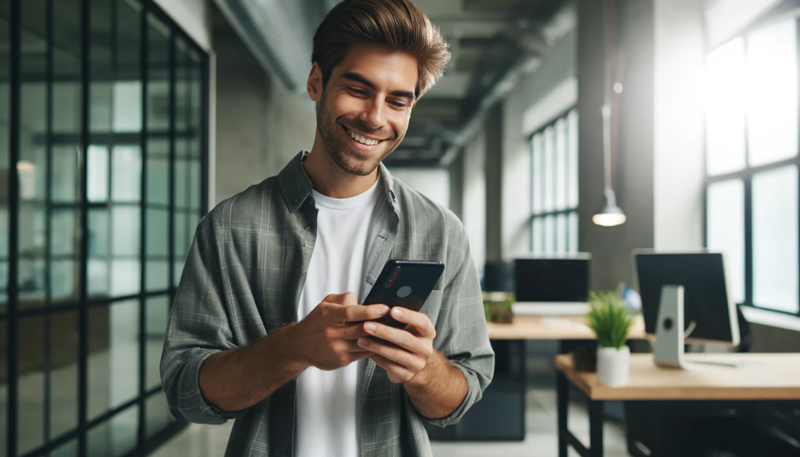 Cheerful-young-man-with-beard-smiling-while-using-smartphone-standing-in-a-stylish-modern-office-environment